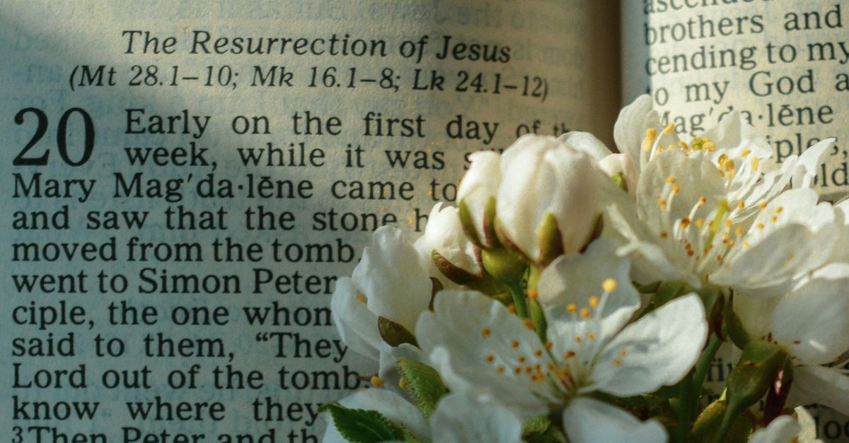 Bible open to the resurrection of Jesus with flowers laying on it; 20 Scriptures to prepare your heart for Easter.